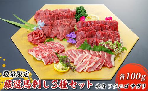 馬刺し 赤身 フタエゴ サガリ 3種 計300g 各100g 馬肉 馬刺し食べ比べ 人気部位3種 旨味 馬ひも コリコリ食感 馬刺し3種 つまみ お酒のあて お酒のお供 一品料理  1006701 - 熊本県錦町