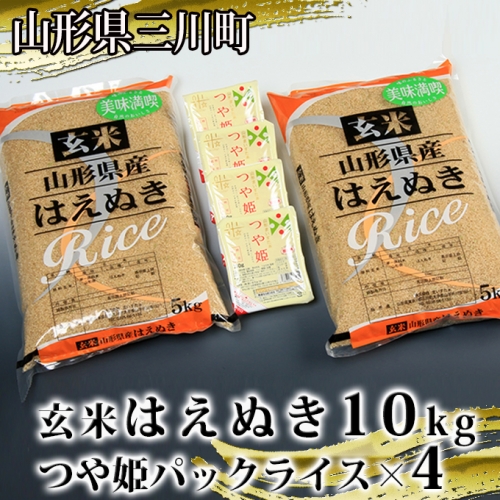 【令和5年産】玄米はえぬき10kg+つや姫パックライス4P 1011648 - 山形県三川町