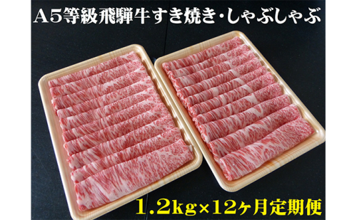 【12ヶ月定期便】A5等級 飛騨牛 すき焼き・しゃぶしゃぶ用 1.2kg ロース又は肩ロース肉 101973 - 岐阜県池田町