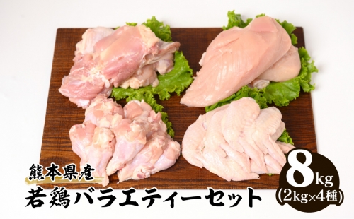 熊本県産 若鶏バラエティーセット 合計8kg (2kg×4種) もも むね 手羽先 ささみ 1025838 - 熊本県八代市