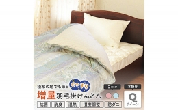羽毛はホワイトダックダウン90% 2.0kg充填、450g増量タイプ。羽毛が移動しない特殊な構造のアルダスキルト（特許取得済）採用。 米沢市にある自社工場（正絹羽毛ふとん）にて、1枚1枚丁寧に熟練した