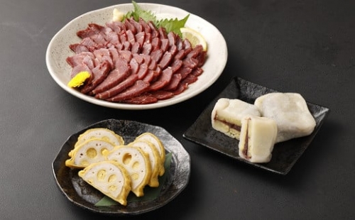熊本 特産品 グルメ セット 馬刺し (300g)・ からし蓮根 ・ いきなり団子 1034423 - 熊本県益城町