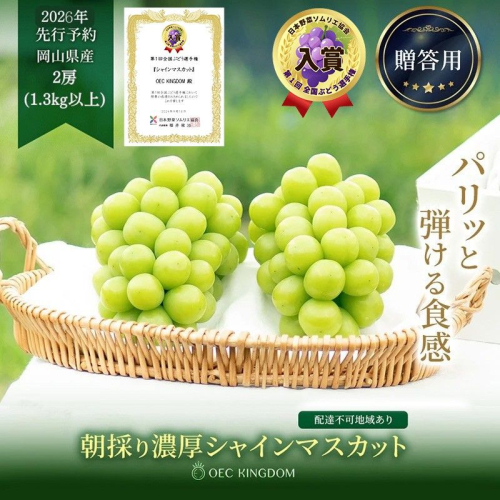 ぶどう 2026年 先行予約 プレミアム シャインマスカット 2房（合計1.3kg以上） 大粒 大房 贈答クラス  ブドウ 葡萄  岡山県産 国産 フルーツ 果物 ギフト OEC KINGDOM ぶどう家 果物類  1040640 - 岡山県玉野市