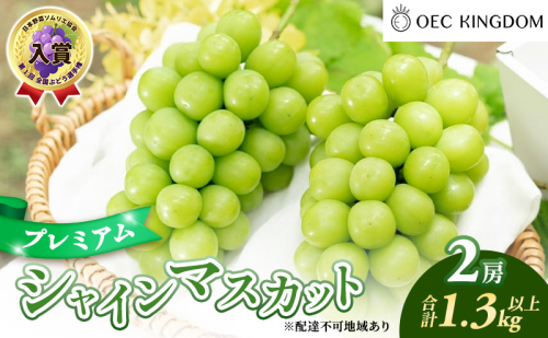 ぶどう 2026年 先行予約 プレミアム シャインマスカット 2房（合計1.3kg以上） 大粒 大房 贈答クラス  ブドウ 葡萄  岡山県産 国産 フルーツ 果物 ギフト OEC KINGDOM ぶどう家 果物類  1040640 - 岡山県玉野市
