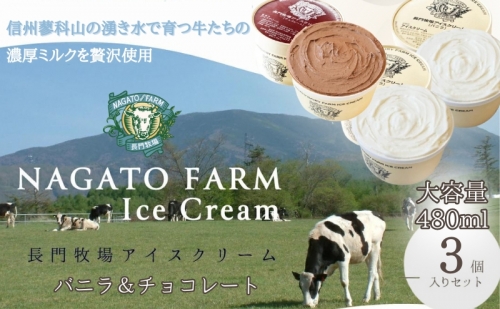 長門牧場アイスクリーム 480ml 3個セット バニラ チョコレート 107969 - 長野県長和町