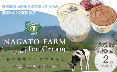長門牧場アイスクリーム 480ml 2個セット バニラ チョコレート 107970 - 長野県長和町