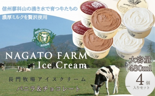 長門牧場アイスクリーム 480ml 4個セット バニラ チョコレート 107972 - 長野県長和町