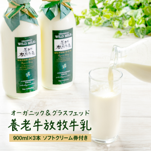 オーガニック＆グラスフェッド養老牛放牧牛乳900ml×3本 《ソフトクリーム券付き》【1300101】 1082280 - 北海道中標津町