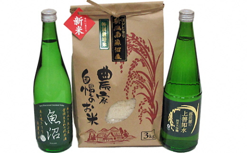 【地酒】 酒屋の特選 詰合せ コシヒカリ 3kgと 越淡麗の上善 720ml 1本、魚沼 辛口純米酒 720ml 1本のセット SK1 1083989 - 新潟県湯沢町