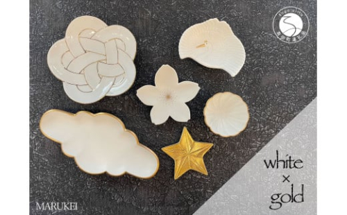 有田焼 white × gold 6点セット【丸兄商社】食器 器 うつわ 陶磁器 食器セット セット 皿 銘々皿 小皿 小付 前菜皿 取皿 箸置 結び 梅 鶴 桜 菊 縁起物 華やか お祝い お正月 ハレの日 ホワイト ゴールド A55-153 1088847 - 佐賀県有田町