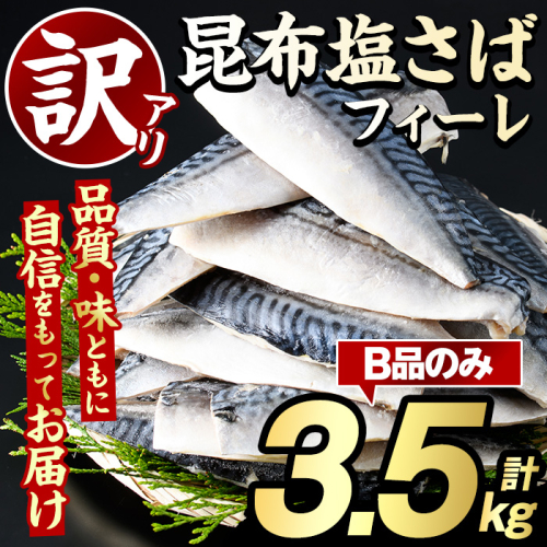 訳あり！昆布塩さばフィーレ(B品のみ3.5kg) 大容量 ボリューム サバ 鯖 フィレ 魚介類 海産物 海鮮 海の幸 おかず おつまみ 惣菜 グリル 焼き魚 煮魚 切り身 昆布 塩サバ 脂 ご家庭用 リピート 【グローバルフーズ】akn061-05 1100931 - 鹿児島県阿久根市