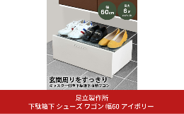 靴を下駄箱下にスッキリ収納できるシューズワゴン。上下2段に靴を収納できる優れもの。棚板は鉄製のため厚さを薄くすることができ、スニーカーなどもしっかり収納できる高さになっています。また、 付け替え可能な
