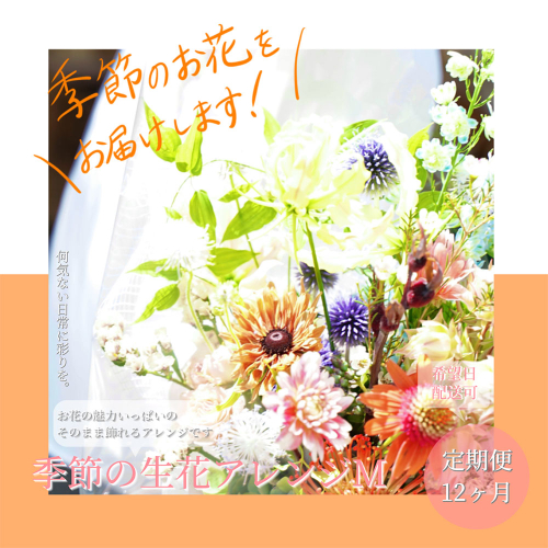 t162tmf　《12ヵ月定期便》おすすめ生花アレンジメントM 定期便 定期コース 全12回 フラワーアレンジメント そのまま飾れる 生花 花束 花 お花 おすすめ 可愛い キレイ おしゃれ 季節のお花 供花 お供え
 1117554 - 高知県芸西村