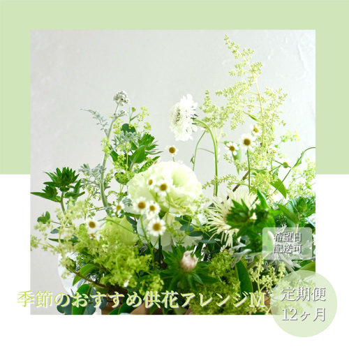 t174tmf　《12ヵ月定期便》生花アレンジ お供え 供花M 定期便 定期コース 全12回 フラワーアレンジメント そのまま飾れる お供え 花束 生花 仏花 供花 花束 花 法要 お盆 季節のお花 供花 お供え
 1117577 - 高知県芸西村
