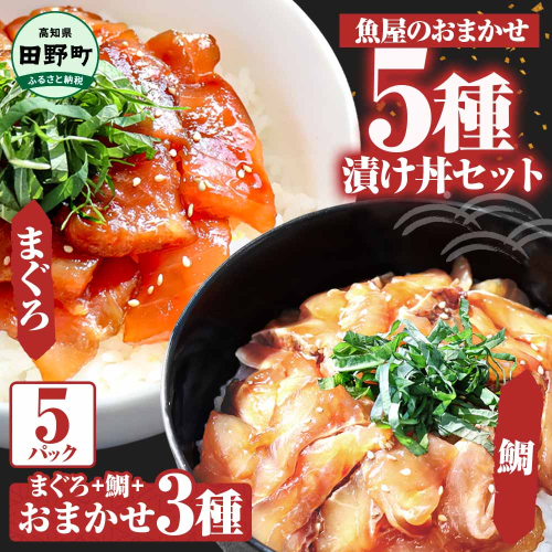 これが魚屋の漬け丼だ！魚屋のおまかせ5種漬け丼セット(マグロ＋鯛＋おまかせ3種) 80ｇ×5P 鮪 鯛 詰め合わせ 漬け丼 漬け どんぶり 丼 5パック 海鮮 魚 真空パック 個食 個包装 冷凍 1123259 - 高知県田野町