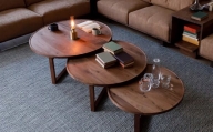 【受注生産】職人が一点一点丁寧に仕上げた美しい天然木の リビング テーブル 。並べても、それぞれ単体でもお使いいただけます。HIRASHIMA SPAGO Circle Table 3set