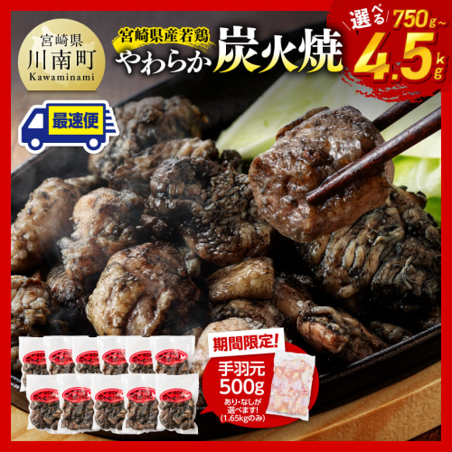 ※発送月・内容量が選べる※ 宮崎県産若鳥 やわらか炭火焼 750g～4500g 【1650gのみ手羽元500gあり・なしが選べる】【 鶏 肉 鶏肉 国産 とり 九州産 鳥 宮崎県産 小分け 炭火焼き 】 1134811 - 宮崎県川南町