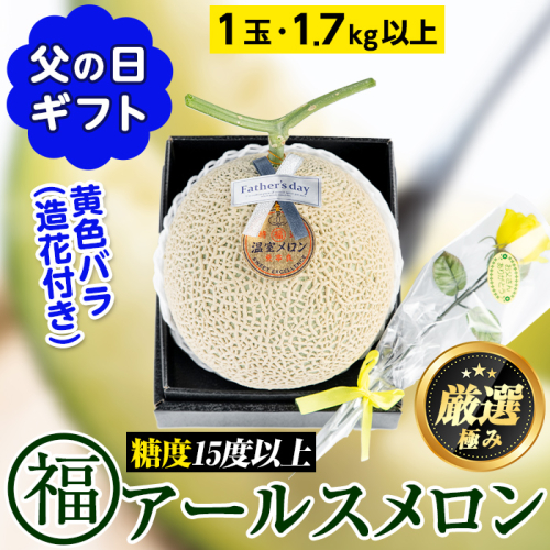 【0151114a-F】＜父の日ギフト・数量限定＞高級アールスメロン(大玉1玉・1.7kg以上、黄色バラ付(造花)付) メロン フルーツ 果物 果実 1キロ 数量限定 期間限定 贈答 贈り物 父の日【マル福園芸組合】 113486 - 鹿児島県東串良町
