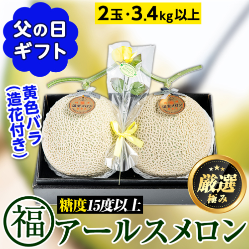【0281115a-F】＜父の日ギフト・数量限定＞高級アールスメロン(大玉2玉・計3.4kg以上、黄色バラ付(造花)付) メロン フルーツ 果物 果実 3キロ 数量限定 期間限定 贈答 贈り物 父の日【マル福園芸組合】 113511 - 鹿児島県東串良町