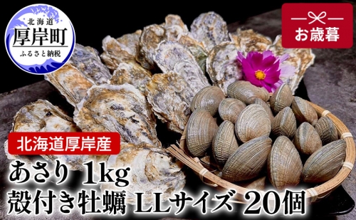 北海道 厚岸産 あさり1kg 殻付き 牡蠣 LLサイズ 20個　お歳暮 特別選別品 1137484 - 北海道厚岸町