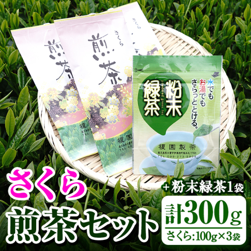 No.615 鹿児島県産の煎茶セット「さくら」厳選した4種類の品種をブレンドした煎茶さくら(100g×3袋)と粉末緑茶(1袋)【世献 榎園製茶】 113935 - 鹿児島県日置市