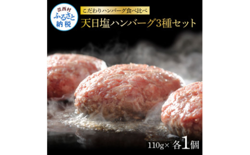 CDM014　 食べ比べ！天日塩ハンバーグ3種セット各1個(110g×3種) 合計3個 ハンバーグ 黒毛和牛 美鮮豚 天然塩 天日塩 デミグラスソース 和風ソース ソース付き 牛肉 豚肉 温めるだけ 冷凍 配送 国産 故郷納税  1147643 - 高知県芸西村