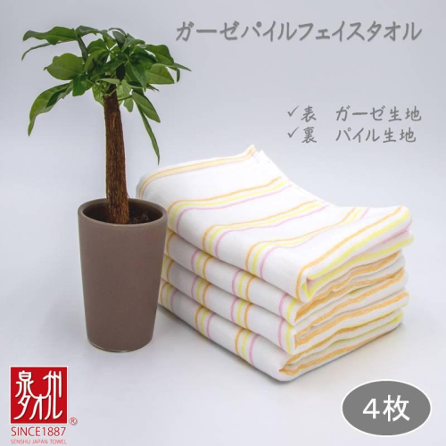 ボーダーカラー ガーゼパイルタオル 4枚【泉州タオル 国産 吸水 普段使い シンプル 日用品 家族 ファミリー】 099H2380 1147850 - 大阪府泉佐野市