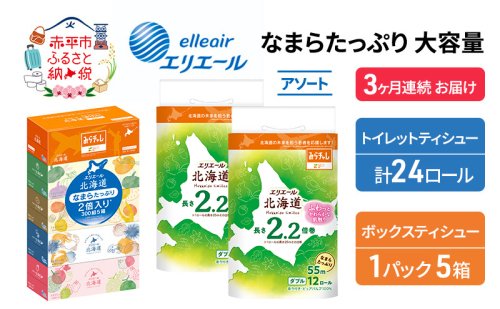 定期便 3ヵ月連続お届け エリエール 収納に便利 コンパクト 〈アソート〉 なまらたっぷり 大容量 トイレットペーパー ティッシュ トイレ ボックスティッシュ 防災 ひとり暮らし 紙 常備品 備蓄品 消耗品 日用品 生活必需品 送料無料 1151625 - 北海道赤平市