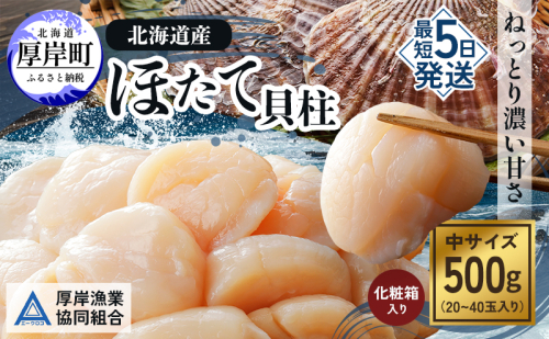 【3D冷凍】北海道産　ほたて貝柱500g 化粧箱入り 中サイズ 20～40玉入 帆立 ホタテ 玉冷 魚貝類 肉厚 新鮮 高品質 北海道産ほたて 刺身 バター焼き フライ マリネ  1159038 - 北海道厚岸町