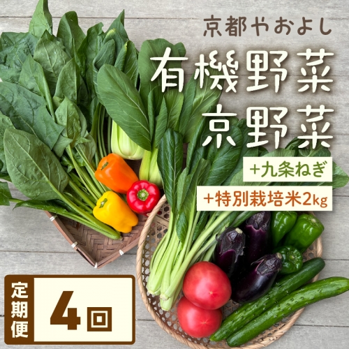 【定期便】合計4回お届け　有機野菜・京野菜の『京都やおよし』の京丹後・亀岡市お野菜＆九条ねぎ＆お米2kg（丹後コシヒカリ特別栽培米）詰め合わせ　※北海道、離島、沖縄地域への発送不可 1164795 - 京都府京丹後市