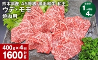【1ヶ月毎4回定期便】熊本県産 A5等級 黒毛和牛 和王 ウデ・モモ 焼肉用 400g 計1600g