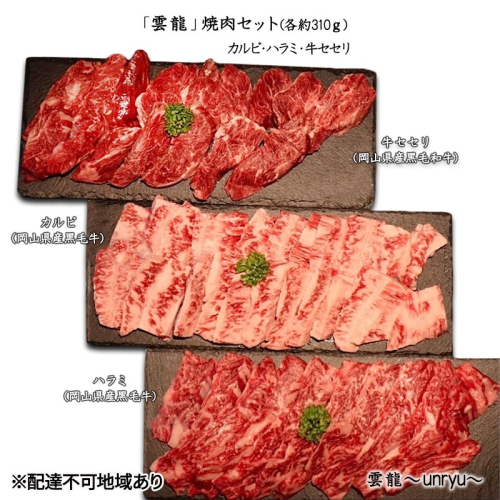 黒毛和牛 焼肉 セット 合計約930g カルビ ハラミ 牛セセリ【雲龍焼肉たれ付】 雲龍  岡山県産 肉 お肉 牛肉 和牛 牛カルビ 牛ハラミ せせり 焼肉セット 焼き肉 3種  1181582 - 岡山県玉野市