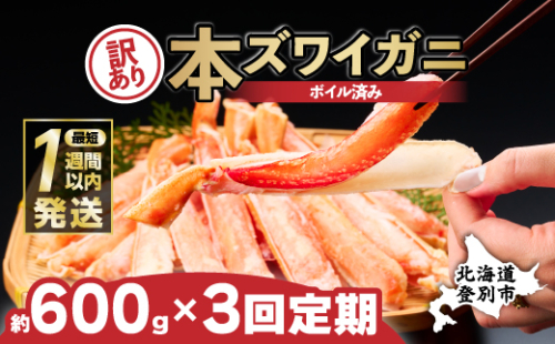 【定期便3回お届け】訳あり 冷凍 ボイル ずわいがに 足 600g ズワイガニ ハーフポーション | ギフト 2025 1189208 - 北海道登別市