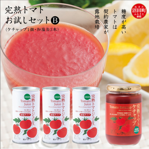 完熟トマトお試しセットB（ケチャップ1個・加塩缶3本）保存料 無添加 国産 北海道産 n-0063 1190086 - 北海道沼田町