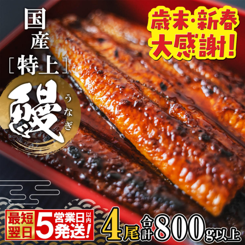 【最短翌日発送】 国産 特上うなぎ 蒲焼き 4尾 (800g以上) 簡易袋 タレ 山椒付き 鰻 うなぎ ウナギ K2356 1210092 - 茨城県境町