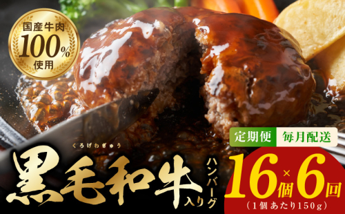 黒毛和牛入り 国産牛肉100％ ハンバーグ 定期便 16個×全6回 150gサイズ【毎月配送コース】 G976 1226797 - 大阪府泉佐野市