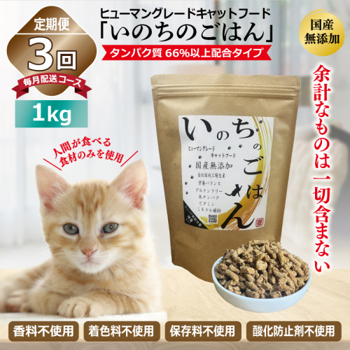 【定期便】国産無添加 キャットフード 1kg×全3回「いのちのごはん」タンパク質 66％以上配合タイプ【猫 ねこ ペットフード チキン 手作り ヒューマングレード 国産 毎月配送】 099Z330 1239322 - 大阪府泉佐野市