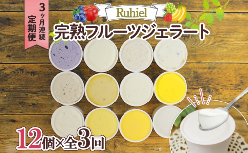 北海道 定期便 3ヶ月連続全3回 Ruhiel 完熟フルーツジェラート 12個 計36個 アイス 詰め合わせ ジェラート 手作り デザート お取り寄せ ギフト 倶知安町 送料無料 【 倶知安町 】  124146 - 北海道倶知安町