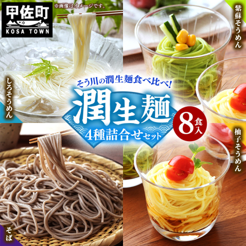 潤生麺詰合せ（春夏）８食入り - そうめん 素麵 柚子 ゆず 紫蘇 しそ そば 蕎麦 つゆ付 さっぱり麺 詰め合わせセット 贈り物 ギフト 人気 おすすめ 熊本県 甲佐町 124454 - 熊本県甲佐町
