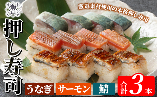  K-167-A 押し寿司3種セット！(うなぎ・鯖・サーモン各1本：合計3本)【すし魯くら】 押し寿司 寿司 うなぎ ウナギ サバ 鯖 霧島サーモン サーモン おうち時間 本格 1246000 - 鹿児島県霧島市