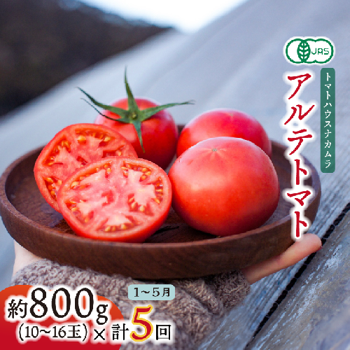 ＜2026年1月～5月頃発送＞【定期便5回】＜アルテトマト 約800g（10‐16玉）×5箱＞計約4kg フルーツトマト 栽培期間中化学農薬・化学肥料不使用 高知県 トマトハウスナカムラ 1259320 - 高知県佐川町