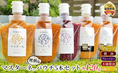調味料 マスタード 5本 セット マスターネ。 プレーン 醤油 ブルーベリー 木桶醤油 木桶プレーン 各120g パウチ 食べ比べ ※配送不可:離島  1282786 - 福岡県朝倉市