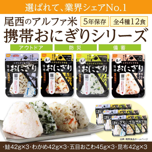 備えて安心、食べて満足｜尾西の携帯おにぎり【12個入り】（非常食・保存食・キャンプにも） 非常食 保存食 防災グッズ 防災 アルファ米 長期保存 おにぎり 尾西食品 キャンプ アウトドア 登山 ふるさと納税 非常食 送料無料 128749 - 宮城県大崎市