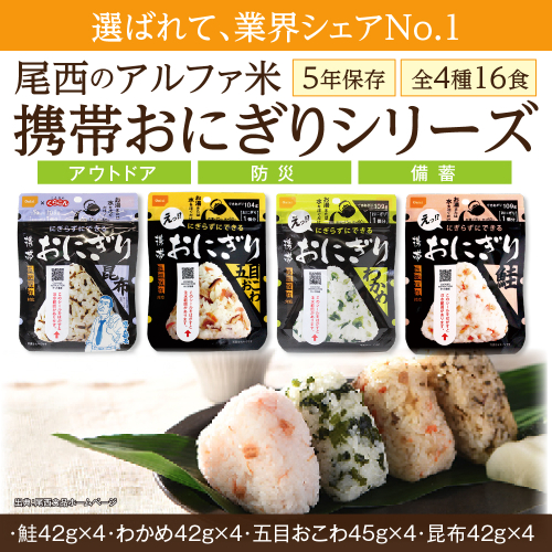 備えて安心、食べて満足｜尾西の携帯おにぎり【16個入り】（非常食・保存食・キャンプにも） 非常食 保存食 防災グッズ 防災 アルファ米 長期保存 おにぎり 尾西食品 キャンプ アウトドア 登山 ふるさと納税 非常食 送料無料 128750 - 宮城県大崎市