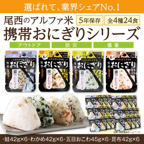 備えて安心、食べて満足｜尾西の携帯おにぎり【24個入り】（非常食・保存食・キャンプにも） 非常食 保存食 防災グッズ 防災 アルファ米 長期保存 おにぎり 尾西食品 キャンプ アウトドア 登山 ふるさと納税 非常食 送料無料 128751 - 宮城県大崎市