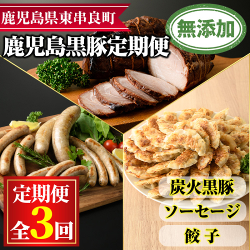 【0355105b】＜定期便・全3回＞無添加鹿児島黒豚だらけの定期便(炭火焼豚 400g・ソーセージ4種 合計14本・餃子 計36個)黒豚 豚肉 ぶた肉 炭火焼豚 焼豚 フランクフルト 餃子 セット【鹿児島ますや】 1290288 - 鹿児島県東串良町