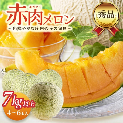 SB0666　庄内砂丘の旬夏 「秀品 赤肉メロン」　7kg以上(4～6玉入) 1293379 - 山形県酒田市