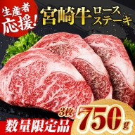 《数量限定》宮崎牛ロースステーキ 3枚 (750g)【 生産者応援 肉 牛 牛肉 国産 黒毛和牛 ロース ステーキ】