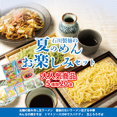 夏のめんお楽しみセット(5種類20食分)｜焼きそば 中華ざる ラーメン 石川製麺 麺類 麺セット 夏 夏休み ランチ お昼ご飯 夕飯 冷し生ラーメン コシ 細ちぢれ麺 冷やし中華 ゆでスパケディ 冷し麺 ※北海道・沖縄・離島への配送不可 1306305 - 富山県魚津市