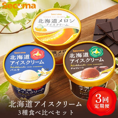 【定期便：3回】Secoma 北海道アイスクリーム3種食べ比べセット（バニラ・メロン・チョコレート）【01105】 1314544 - 北海道羽幌町
